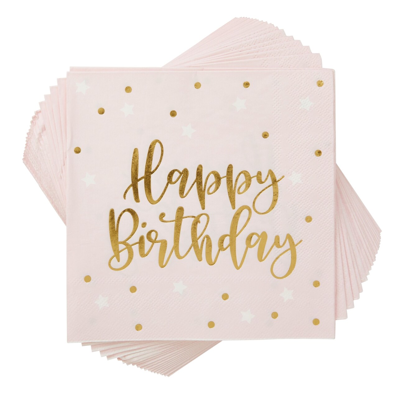 50 Pack Disposable Pink Happy Birthday Napkins with Gold Foil Stars for Party Supplies (6.5 x 6.5 In)